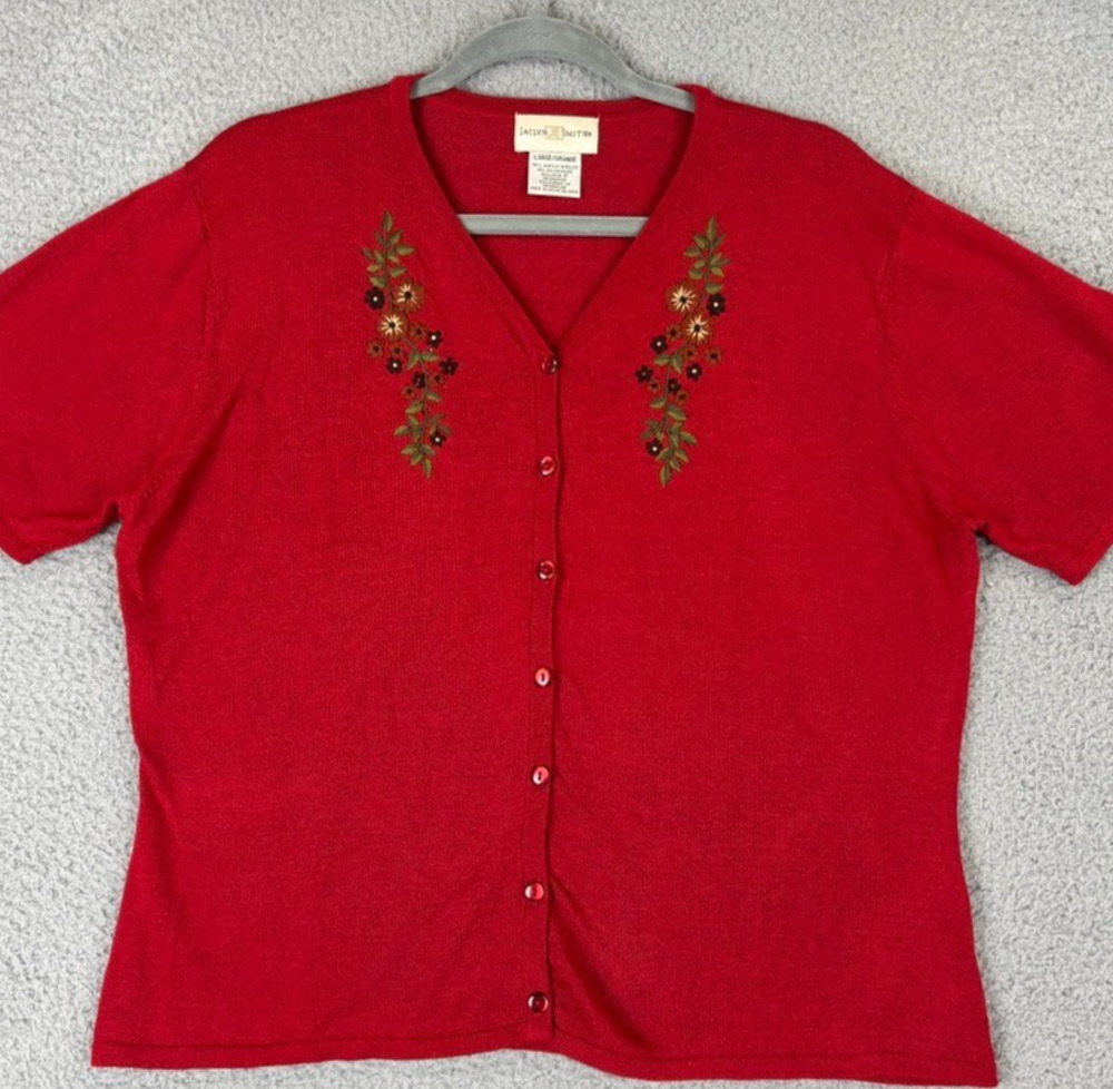 Vtg 90s Cardigan Sweater Large Cottage Country Grandma Embroidered Lightweight